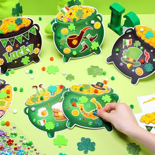 Funrous 48 Sets Crafts Kit Paper Crafts DIY Make Your Own Hanging Ornaments with Pompoms Diamond Stickers for Holiday Classroom Activities Party Favors, St. Patrick's Jar