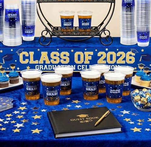 Gift Boutique Class of 2026 Graduation Plastic Cups 100 Pack Blue 16 oz Disposable Drink Cups for Grad Party Supplies Beverages Events Celebration Tableware Decorations