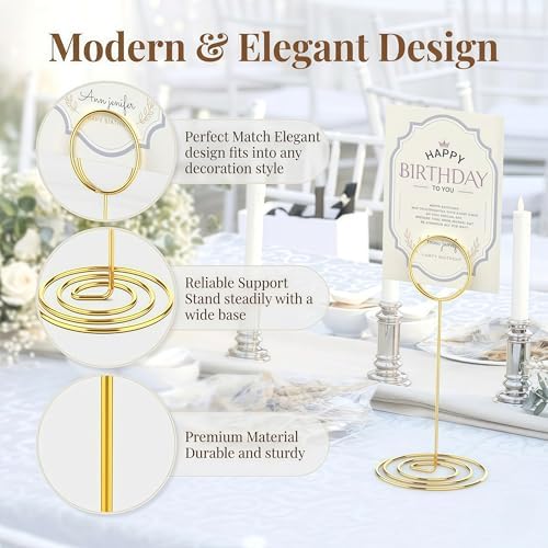 Radezon 20 Pcs Gold Table Number Holders, 6-Inch Place Card Holders With Widened Base, Wire Photo Stands for Tables, Name Menu Clips for Wedding Reception, Centerpieces and Events
