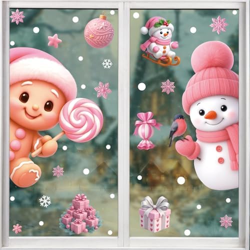 Christmas Window Clings Stickers for Glass Snowman Santa Deer Christmas Tree Stickers Pink Double-Sided Static Decals for Winter Window Art Decoration