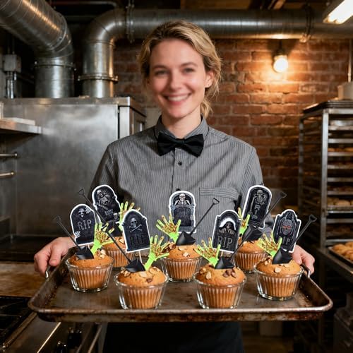 60 PCS Halloween Cupcake Toppers Tombstone Cupcake Picks Novelty Mini Shovel Spoons Horrible Gravestone Skeleton Zombie Hands Cake Decorations for Halloween Theme Zombie Birthday Party Supplies