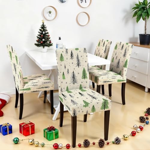 Christmas Tree Chair Covers Set of 4, Stretchable Dining Chair Slipcovers with Snowflakes for Holiday Décor