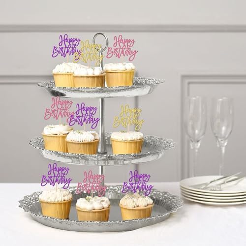 24 PCS Happy Birthday Cupcake Toppers Glitter Happy Birthday Cupcake Picks for Celebrating Anniversary Theme Party Cake Decorations Supplies Gold Purple Pink