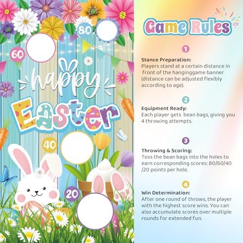 Easter Party Games Set Bean Bag Toss Game for Adults Banner with 4 Bean Bags for Tossing Bunny Egg Easter Party Decoration Indoor Outdoor Festive Decor