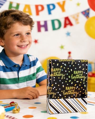 MAYPLUSS Birthday Wrapping Paper Roll, Black Metallic Holographic Happy Birthday Wrapping Paper Featuring Revesible Stripe Gift Wrap Paper for Boys Kids Girls Men, 17 Inches x 33 Feet