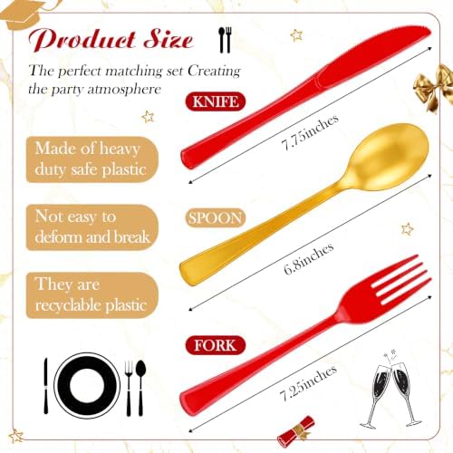 Minatee 180 Pcs Pearlescent Gold and Red Plastic Silverware Heavy Duty Cutlery Sets Disposable Utensils for Holiday Birthday Themed Party Supplies, 60 of Each Forks Knives Spoons
