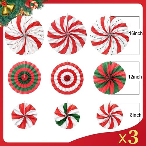 9 Pcs Christmas Party Decorations, Red and Green Hanging Candy Paper Fans Candy Cane Wall Ceiling Decor for Xmas Party, Classroom, Office, Birthday