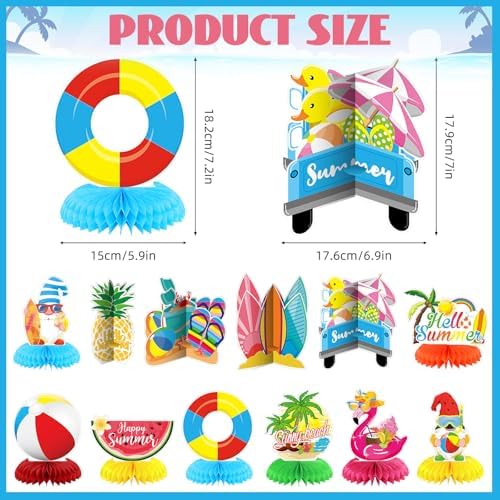 12 Pcs Summer Party Decorations Beach Honeycomb Centerpiece Summer Pool Table Topper Gnome Pineapple Flamingo Slipper Tropical Hawaii Table Centerpiece Decoration for Birthday Party Favor