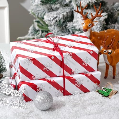 Cuitpan White Christmas Wrapping Paper Bundle for Kids Adults - Reindeer, Stripes, Woodlands, Snowflake, Red Truck Winter Scene Designs - 28 x 40 Inches, 6 Jumbo Sheets, Recycled