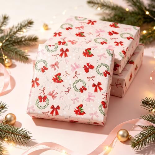 Cuitpan Pink Christmas Bow Wrapping Paper - 4 Jumbo Sheets, 28 * 40 Inches - Xmas Gift Wrap with Festive Ribbon Bow & Mini Wreath Pattern, Cute Holiday Gift for Women, Girls & Children