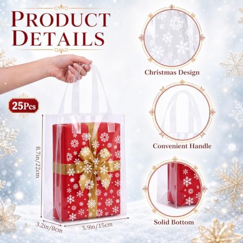 Pajean 25 Pcs Winter Plastic Gift Bags with Handles, Snowflake Pouches