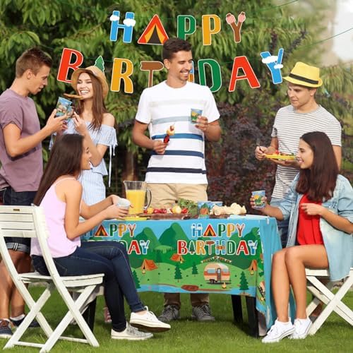 Happy Camper Birthday & Camping Party Decorations Set - Serves 25 with Disposable Plates, Cups, Napkins, Tablecloth & Banner, 1st Birthday, Camping Themed Events & Wedding Parties