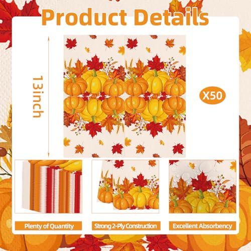 50 Count Fall Pumpkin Maple Leaf Paper Napkins, Disposable Autumn Harvest Party Napkins for Thanksgiving Day Dinner, Friendsgiving Feast, Cozy Fall Birthday Gatherings, Maple-Themed Table Decorations