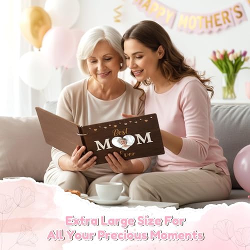 TICIAGA Large Size Mother’s Day Scrapbook Album Kit - 11.8x8.6 Best Mom Ever Large Wooden Photo Album Craft Set for Mom Grandma DIY Memory Book Keepsake Gift for Mother's Day Birthday & Family Moments