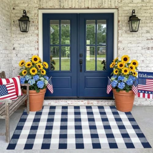 SEEKSEE Buffalo Plaid Rug 4' x 6' Navy Blue and White Large Front Door Mat, Layering Area Rug, Washable Rug for Outdoor Patio Entryway Indoor Living Room Kitchen Dining Room Decor