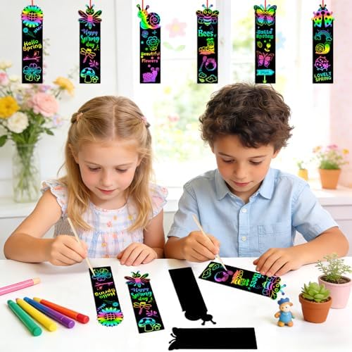 JUNEBRUSHS Spring Scratch Bookmarks, 30PCS Crafts for Kids DIY Rainbow Scratch Art, Spring Activities for Kids Art Project with 6 Designs, 30 Strings and 12 Sticks