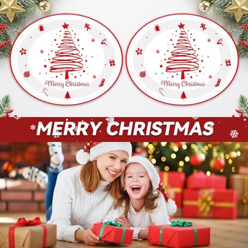 Lonfliness 50PCS Christmas Tree Oval Paper Plates Merry Christmas Red White Paper Plate Decorations Snowflake Gifts Candy Disposable Tableware Large 11inch Decor for Xmas Gathering Dinner Supplies