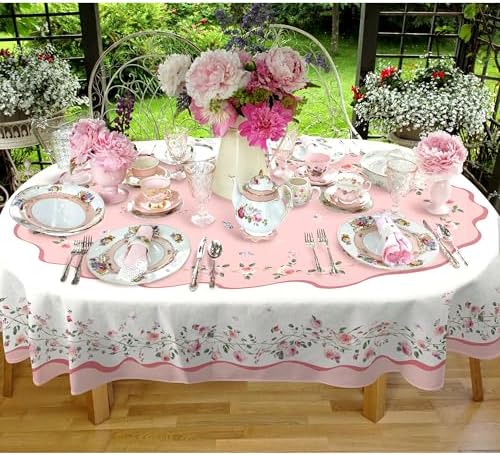 Pink Floral Tablecloth Decoration Tablecloths, Pink Rose Rosette Butterfly Table Covers, Waterproof Table Cover for Dinner Kitchen Party Holiday Decor 60"x 102" Oval