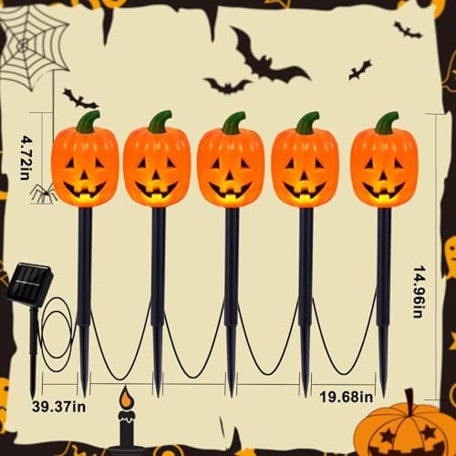 BRIGHTDECK Halloween Solar Pathway Lights Outdoor, LED Decor, Light Up Solar Stake Lights for Holiday, Halloween, Walkway, Sidewalk (Long Pumpkin, 20-Pack)
