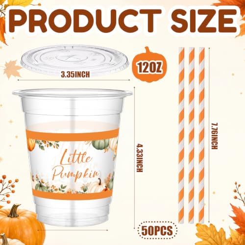 Jingmore 50 Pcs Little Pumpkin Party Disposable Plastic Cups 12 oz with Lids Straws Themed Party Supplies Plastic Tumbler for Birthday Table Decorations Favors(Orange and White)