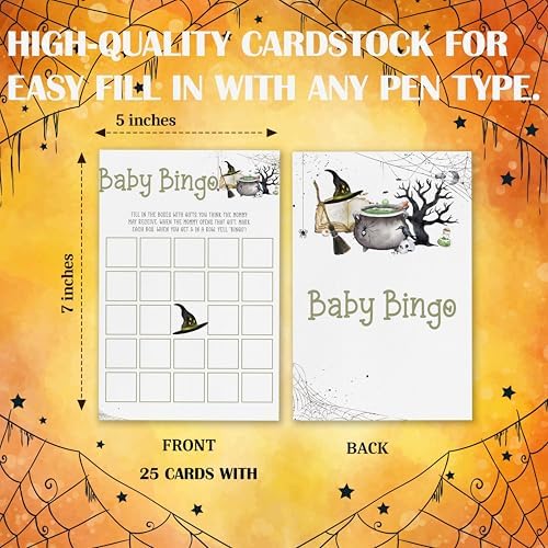 Halloween Baby Shower Games, 25 Pcs Baby Bingo Cards for Guests, Witch Hat Gender Reveal Decorations for Party Favors - B02