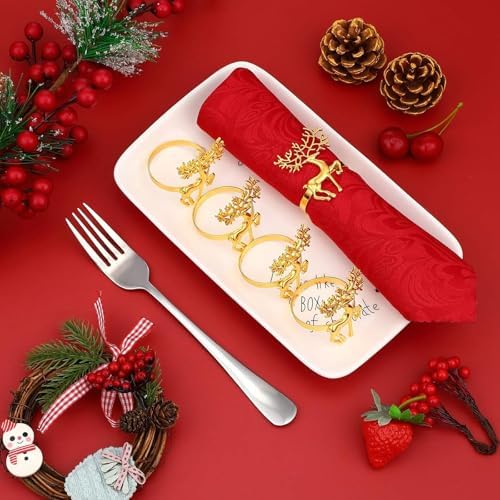 Gold Christmas Napkin Rings Set of 6, Metal Winter Xmas Elk Napkin Holders Wedding Dinner Home Table Decorations Winter Christmas Decorations