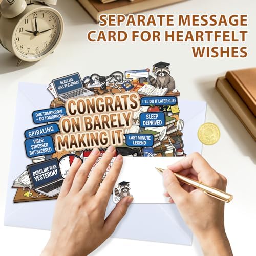 D4DREAM Funny College Graduation Gifts - MeMe Congrats on Barely Making It, Raccoon, Powered by Panic & Coffee, Pop Up Graduation Card for High School College Graduates, 5-Layer Grad Decor