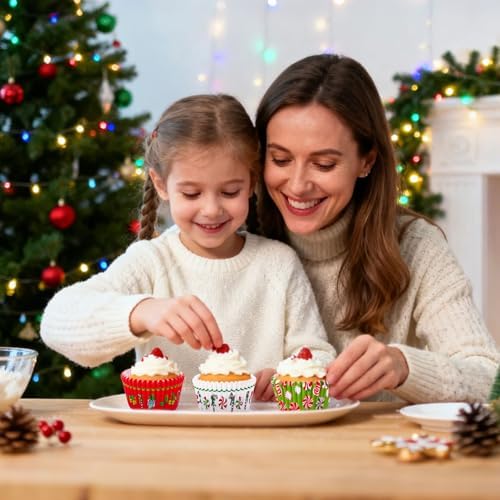 FYSUIMU 300Pcs Christmas Cupcake Liners Funny Cartoon Character Paper Baking Cups Xmas Red Green Standard Muffin Cupcake Wrappers for Holiday Party Supplies Table Decor