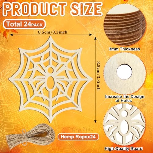 Wooden Halloween Ornaments to Paint Fall Decoration Cutouts Unfinished 24PCS 3.5 inches, DIY Blank Unfinished Wood Spider Web Ghost Skeleton Ornament for Home Harvest Crafts Hanging Autumn Decorations