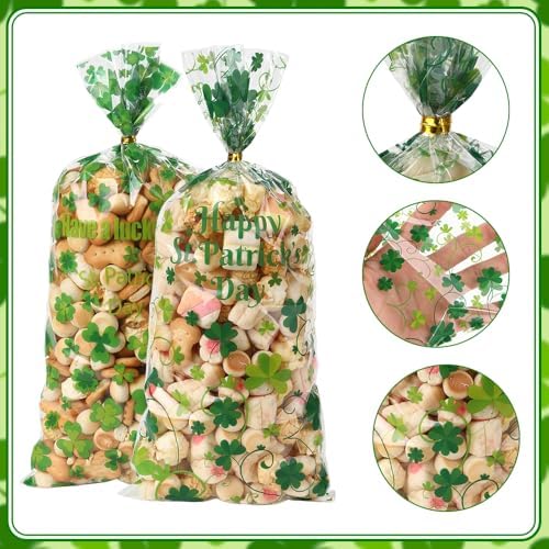 eowqeiur 100 PCS St Patricks Day Treat Bags(5x11 Inch) Green Shanrock Cellophane Bags for Cookie Candy Goodie Goody Snack Gifts Wrap Clover Spring Baggies Pouch St Patricks Party Favors Supplies