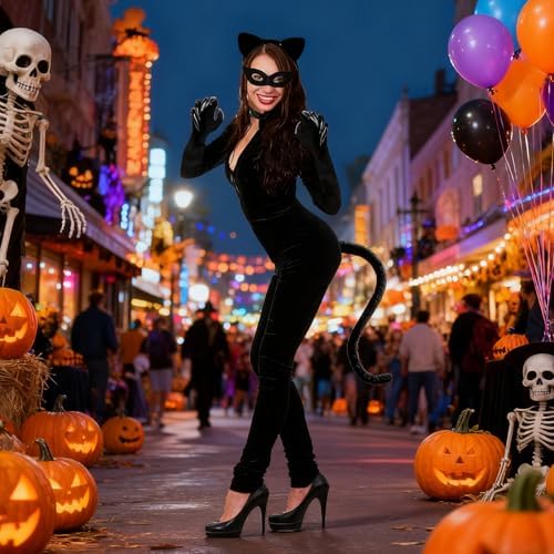 Halloween Cat Costume Accessories for Women, 5PCS Cute Black Cat Mask Ears and Tail Set, CatClaw Gloves Necklace for Adults Party Masquerade Cosplay