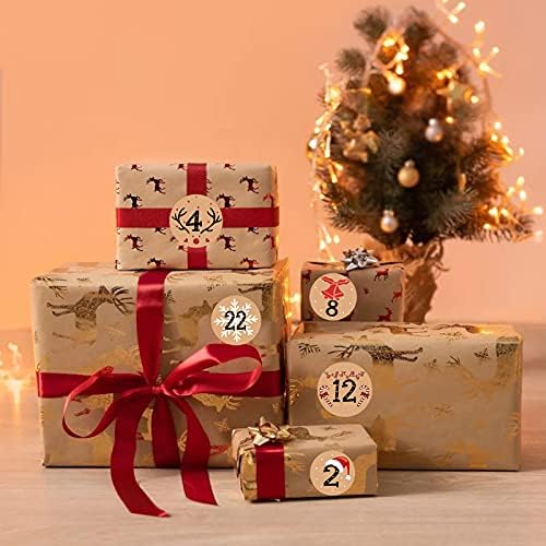 HOWAF 192pcs Christmas Advent Stickers 1-24 Christmas Number Stickers Round Kraft Xmas Countdown Sticker DIY Advent Calendar Sticker Gift Sealing Labels Xmas Party Supplies, 8 Sheets, 4cm