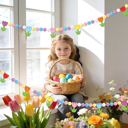 Jansun 8.2 FT 3D Spring Colorful Tulip Floral Felt Pre-Strung Garland
