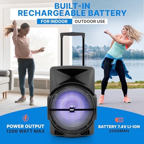 Wireless Portable PA Speaker System -1200W High Powered Bluetooth Compatible Indoor and Outdoor DJ Sound Stereo Loudspeaker w/USB SD MP3 AUX 3.5mm Input, Flashing Party Light & FM Radio -PPHP1544B