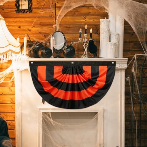 Newwiee 4 Pcs 4 x 2 ft Halloween Flag Bunting Half Fan Hanging Pleated Flag Banner with 3 Grommets for Halloween Indoor Outdoor House Holiday Yard Decorations Party Props, Black Orange