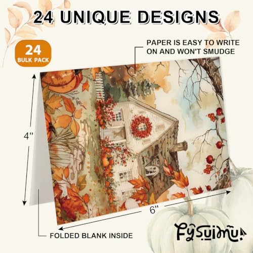 FYSUIMU 24 Pack Fall Cards Greeting Cards with Envelopes Stickers Autumn Leaves Pumpkin Truck Blank Note Card for Thanksgiving Harvest Party Supplies, 4 x 6 Inch