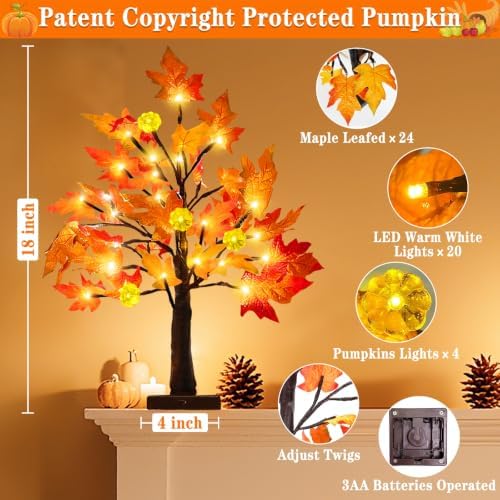 TURNMEON Fall Decor 2 Pack 18 Inch Prelit Fall Maple Tree 48 LEDs Timer