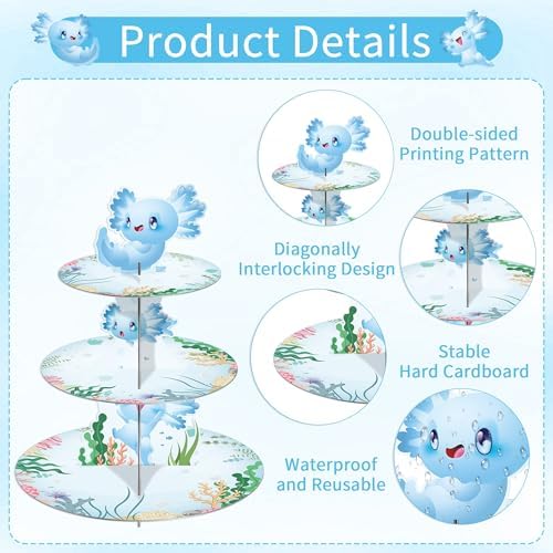 Axolotl Birthday Decorations Cupcake Stand, 3 Tier Cute Blue Cartoon Axolotl Cardboard Cupcake Display Stand Dessert Tower, Underwater Theme Party Supplies for Boys Girls