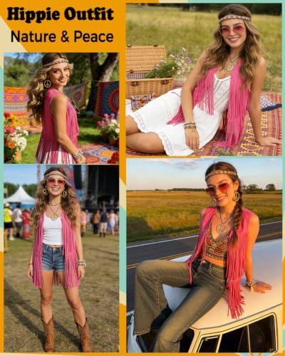 60s 70s Outfit for Women Hippie Costume Clothes Fringe Vest Accessories