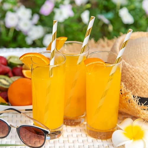 100 Packs Gold Biodegradable Striped Paper Straws, Disposable Drinking Straws for Birthday Carnival Summer Pool Party Wedding Baby Shower Halloween Christmas Party Decoration Supplies