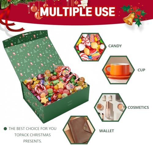 Dimore Christmas Magnetic Gift Boxes with Lids, Collapsible Hardboard Gift Packaging, Red & Green Holiday Boxes for Presents, 4 Pack (Multiple Sizes) (4Pack Christmas 11.5" x 8.7" x 4")