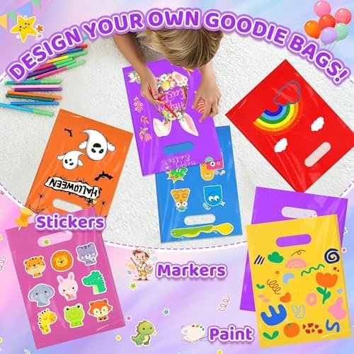 VieFantaisie 50 PCS Purple Party Favor Bags, 8" x 11" Goodie Bags for Candy Treat Craft Easter Egg, Plastic Gift Bag with Die Cut Handles for Birthday Party, School Events & Small Business, Wedding
