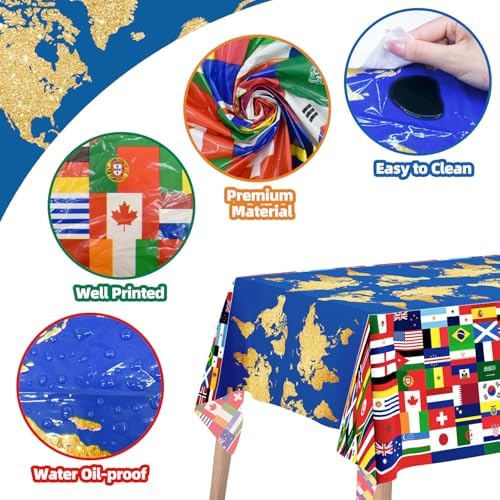 3World Cup Flag Tablecloth International Country Flag Decorations, Disposable Plastic Table Cover for Soccer World Cup Party,Games, Patriotic BBQ, Birthday, Outdoor Picnic Supplies