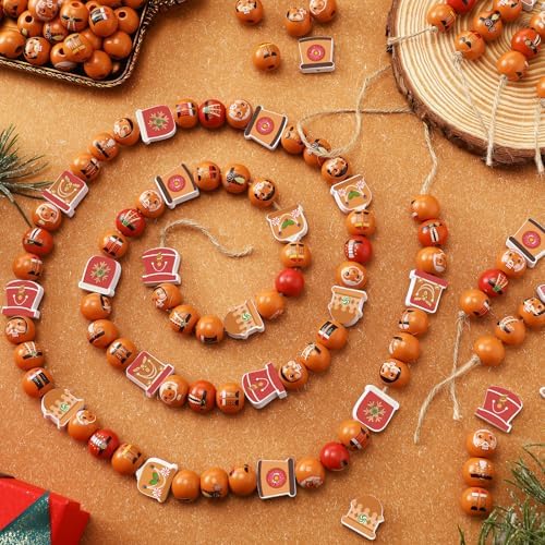 Cinnvoice 240 Pcs Holiday Wood Beads with Twine, Retro
