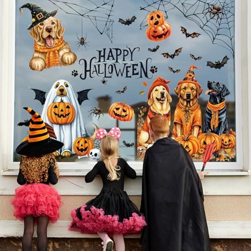 JarThenaAMCS 9 Sheets Halloween Dog Window Clings Ghost Puppy Pumpkin Bat Window Stickers Double-Sided Glass Decals for Home Classroom Office Party Decoration
