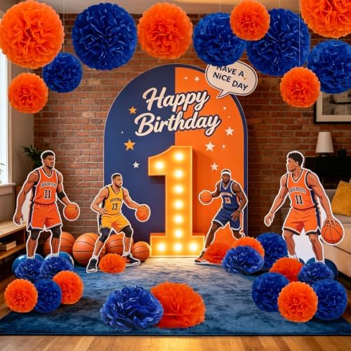 Recosis Blue Orange Party Decorations, 18 Pcs Paper Pom Poms Decorations