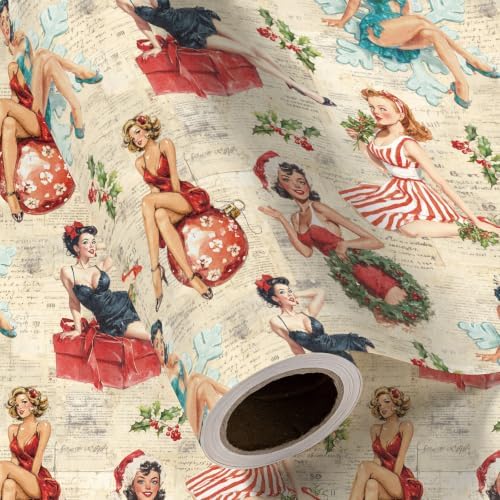 RUSPEPA Kraft Christmas Wrapping Paper Roll, Mini Roll, Vintage Christmas Pin-up Girl with Gift Design, Retro Kraft Gift Wrap for Xmas Gifts, Family, Holiday, Winter Party, 17 Inches x 16.4 Feet