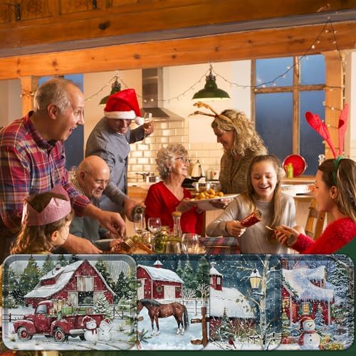 4-Piece 15 x 11 Inch Christmas Serving Tray Set, Melamine Reusable Platters with Red Barns, Snowmen, Horses, and Truck, Holiday Party Snack, Fruit, Dessert, and Candy Dishes