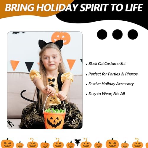 3 Pieces Black Cat Ears Headband Costume Accessories Set – Cat Ears Headwear, Tail, and Bow Tie for Halloween, Animal Cosplay, School Plays, and Dress-Up Parties for Kids and Adults