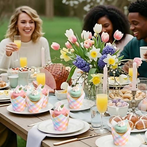 Maxdot 200 Pcs Easter Plaid Tulip Cupcake Liners for Baking Pastel Plaid Paper Muffin Baking Cups Spring Gingham Tulip Muffin Liners Wrappers for Easter Baby Shower Wedding Birthday Party Supply